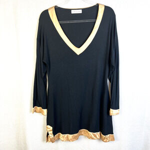 A. ST. CLAIR Tunic Top Women's Medium V Neck Stretch Party Casual Black Gold